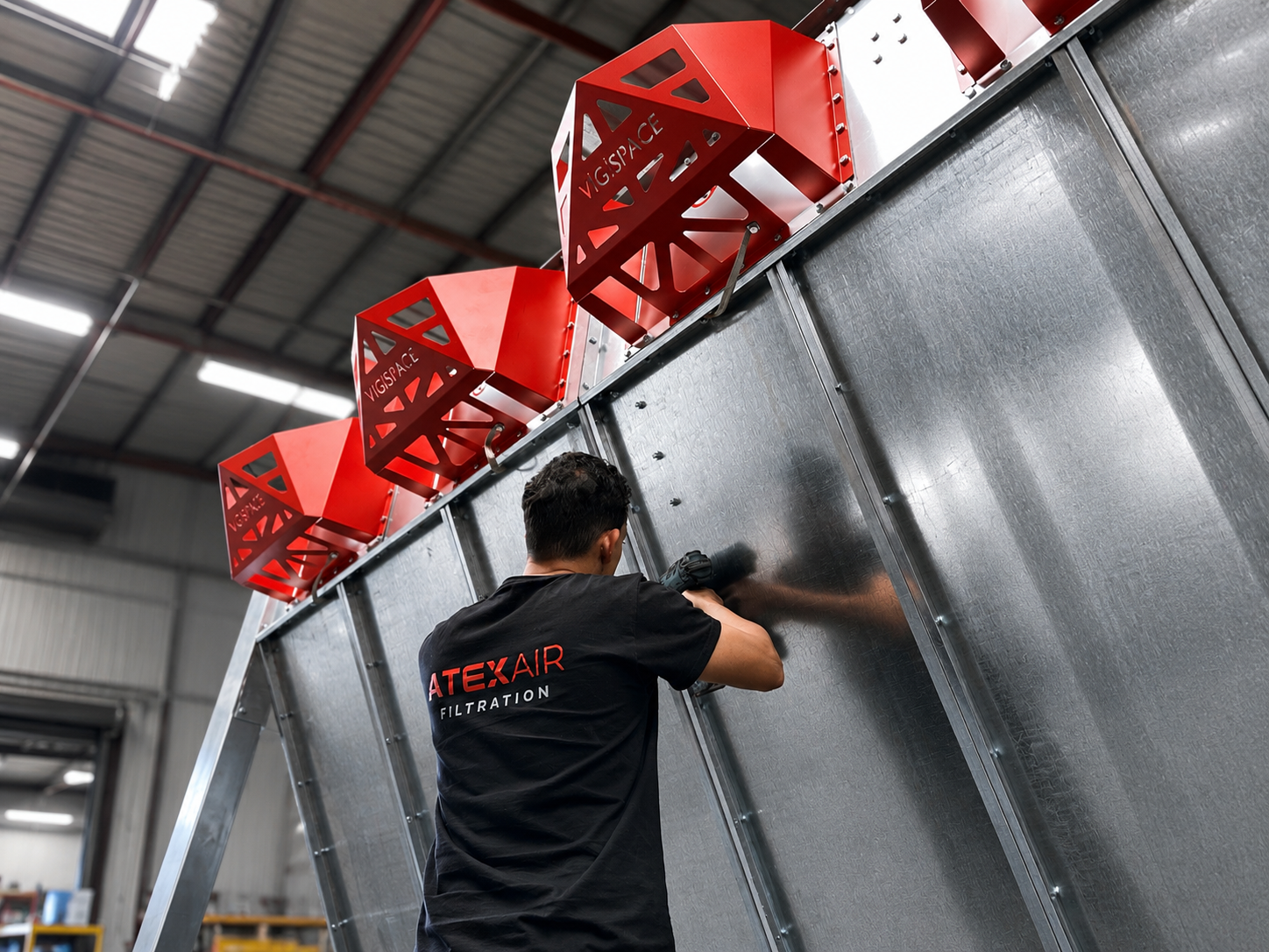 ATEXAir technician assembling certified filtration equipment in Valencia